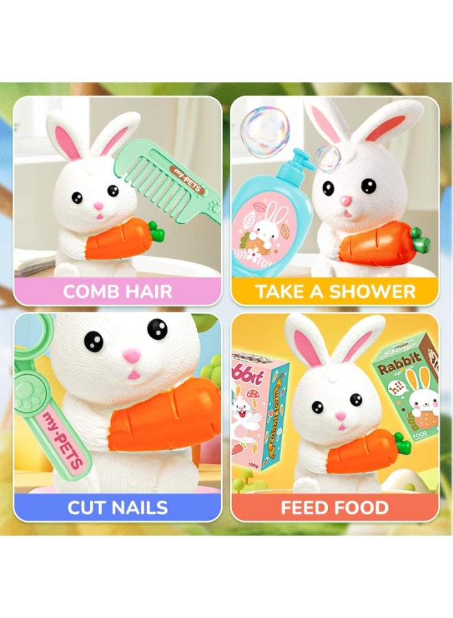 LBMT لعبة لعب تظاهرية لدمية أرنب أليف مع حقيبة ظهر حاملة، مجموعة لعب للعناية 3 في 1، إكسسوارات لعب تظاهرية ولعبة مجفف شعر، مجموعة لعب دور أرنب للفتيات بعمر 3+ عامًا - Image 5