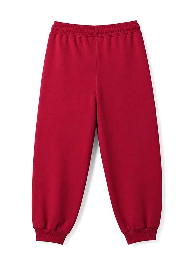 Honeyhap Honeyhap Premium 100% Cotton Terry Knit Full Length Text Printed Cut & Sew Lounge Pant With Applique - Red