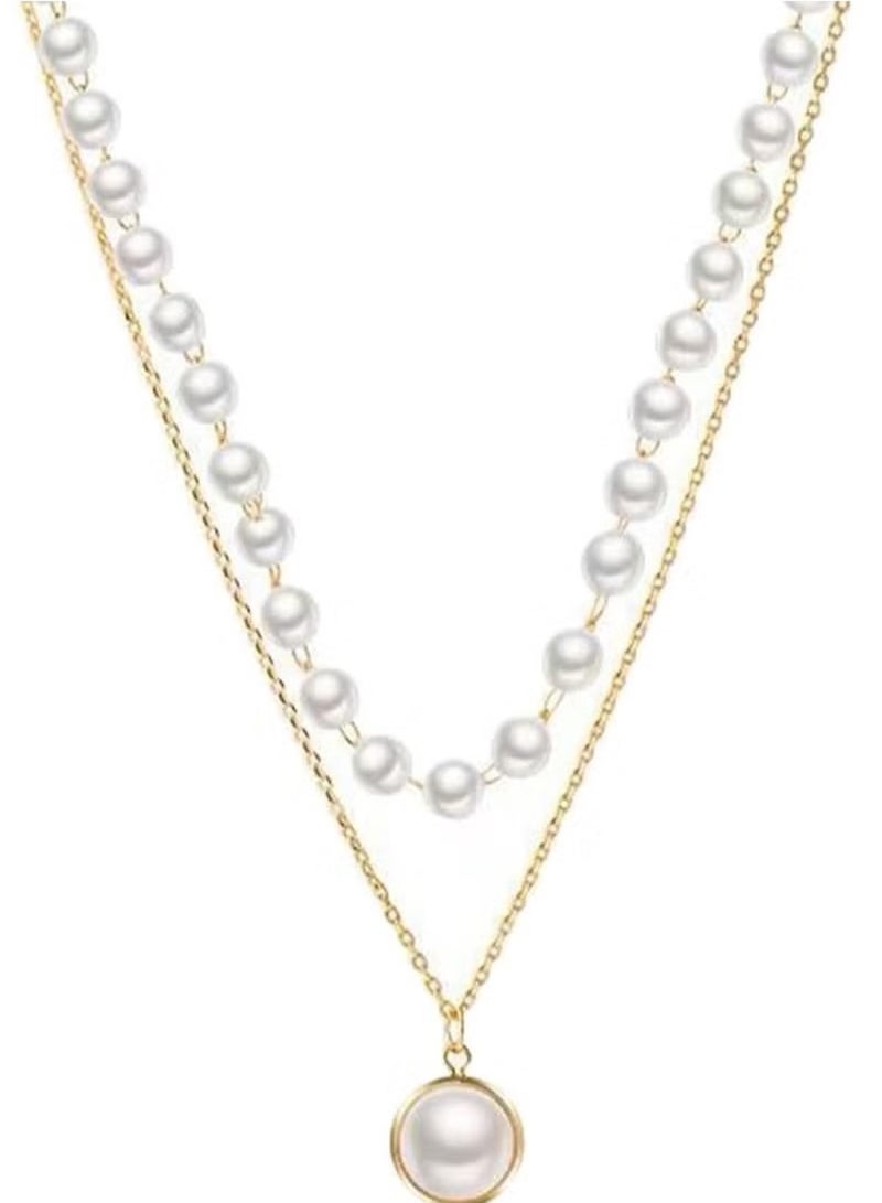 Huitich Elegant Gold Color Tone Layered Pearl Pendant Necklace - Image 1