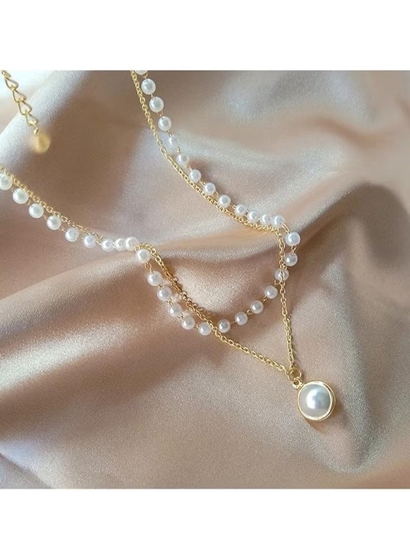 Huitich Elegant Gold Color Tone Layered Pearl Pendant Necklace - Image 4