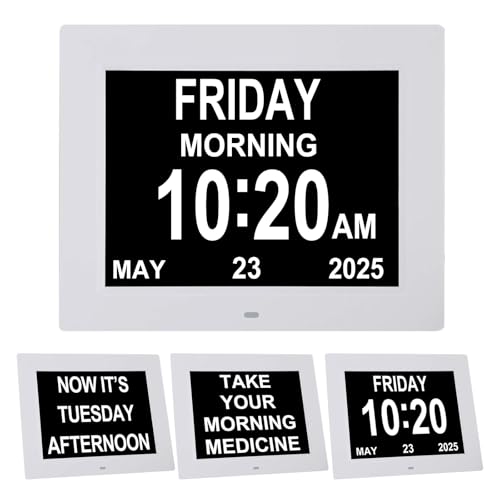 TMC 8 Inch Digital Dementia Clock for Seniors, Large Calendar with Day Date & Week Display, 5 Alarms + 3 Medicine Reminders, Plays SD Card Video, Wall Mountable, Detachable Stand (White, SD) - Image 1