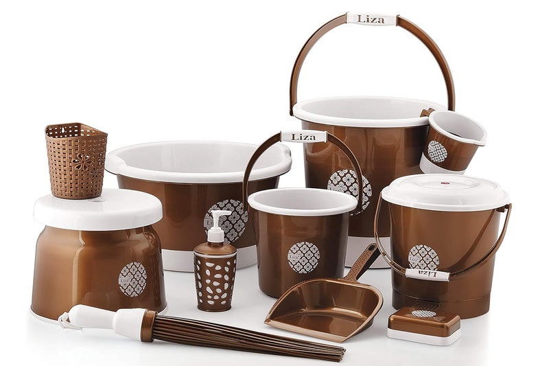 Liza Liza Plastic Deluxe Bathroom Set Bucket Mug Stool (Set of 11, Brown, Falcon)