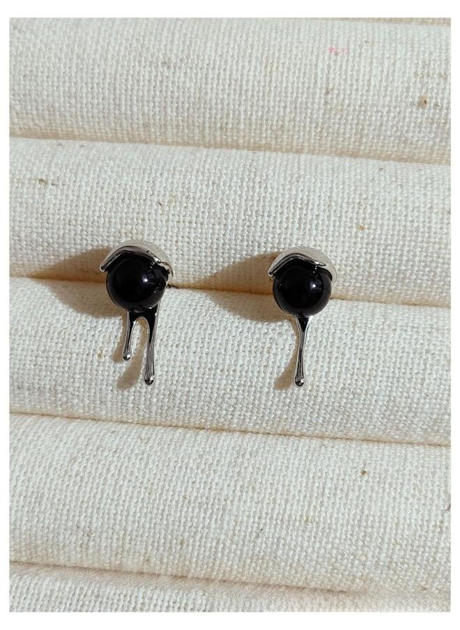 Generic - Black Onyx White Butterfly Bean Small Earrings 925 Silver Needle European And American Wind Earrings Asymmetric Earrings Niche Qingdao Earrings - Image 1