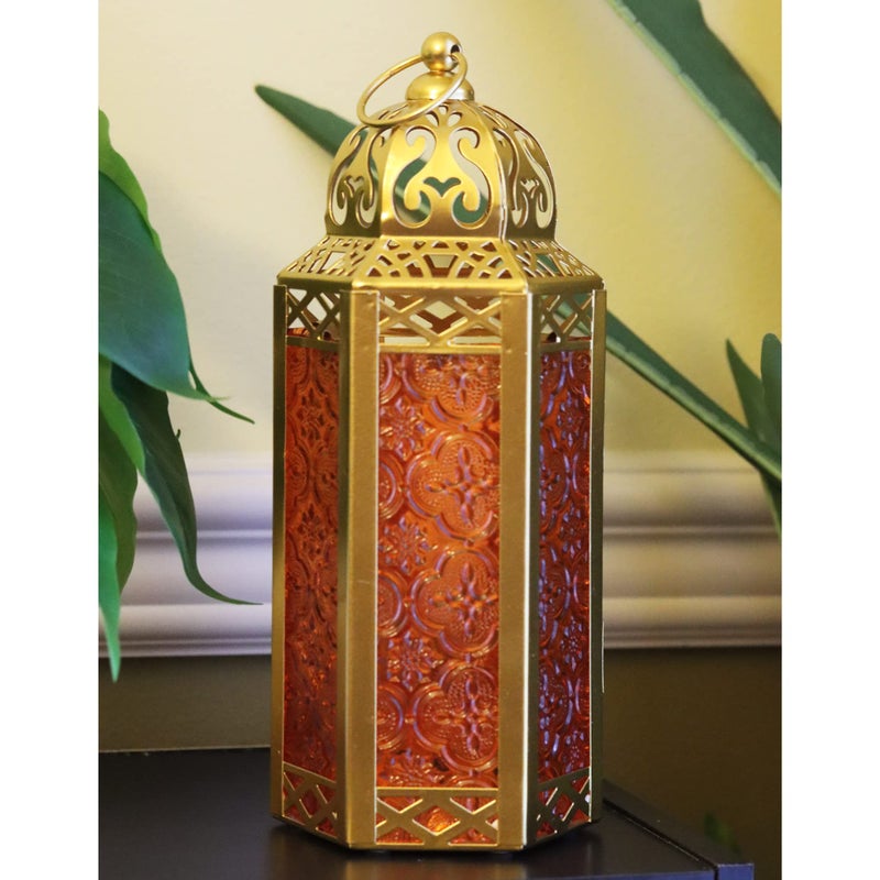 Vela Lanterns فوانيس فيلا 10.5" ذهبية مغربية لحامل الشموع الزخرفي lamp للطاولة أو التعليق، زينة رمضان، ديكور داخلي للمنزل، فناء خارجي أو شرفة، حفلات زفاف، زجاج كهرماني، متوسط - Image 2