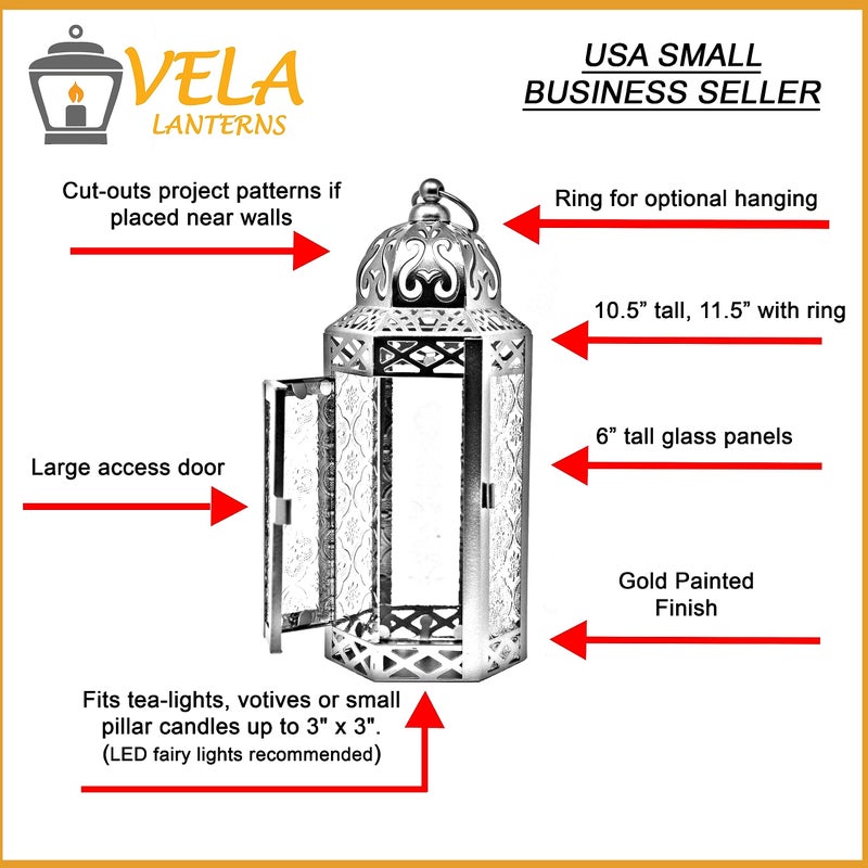 Vela Lanterns فوانيس فيلا 10.5" ذهبية مغربية لحامل الشموع الزخرفي lamp للطاولة أو التعليق، زينة رمضان، ديكور داخلي للمنزل، فناء خارجي أو شرفة، حفلات زفاف، زجاج كهرماني، متوسط - Image 3