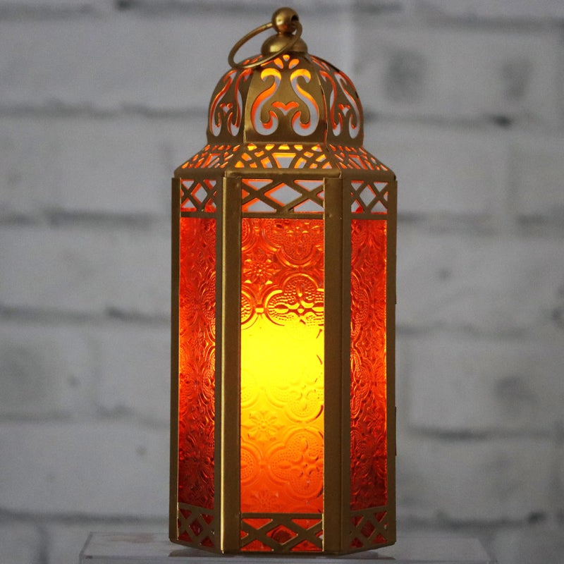 Vela Lanterns فوانيس فيلا 10.5" ذهبية مغربية لحامل الشموع الزخرفي lamp للطاولة أو التعليق، زينة رمضان، ديكور داخلي للمنزل، فناء خارجي أو شرفة، حفلات زفاف، زجاج كهرماني، متوسط - Image 1
