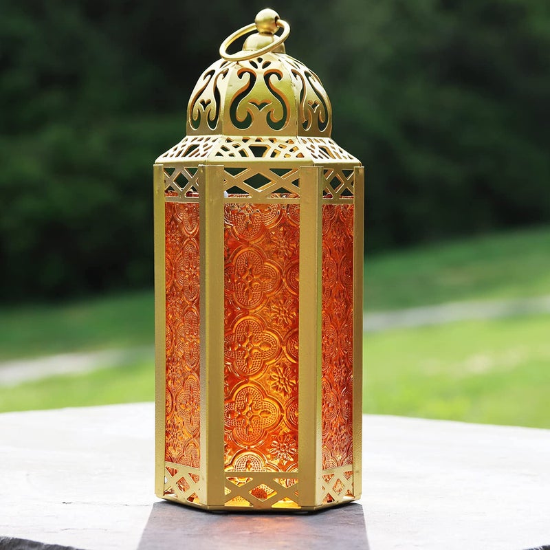 Vela Lanterns فوانيس فيلا 10.5" ذهبية مغربية لحامل الشموع الزخرفي lamp للطاولة أو التعليق، زينة رمضان، ديكور داخلي للمنزل، فناء خارجي أو شرفة، حفلات زفاف، زجاج كهرماني، متوسط - Image 5