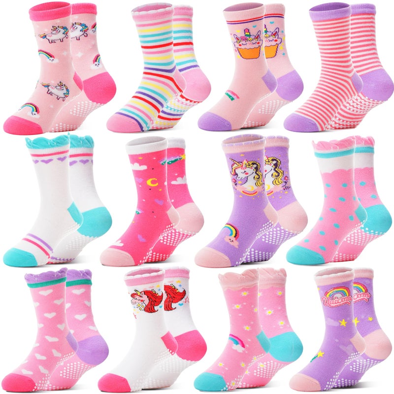 Welwoos Baby Girls Toddlers Grips Socks Kids Non Slip Anti Skid Funny Animal Cartoon Gift Cotton Socks with Grippers 12 Pairs Stocking Stuffers (Rainbow,5-8 Y) - Image 1