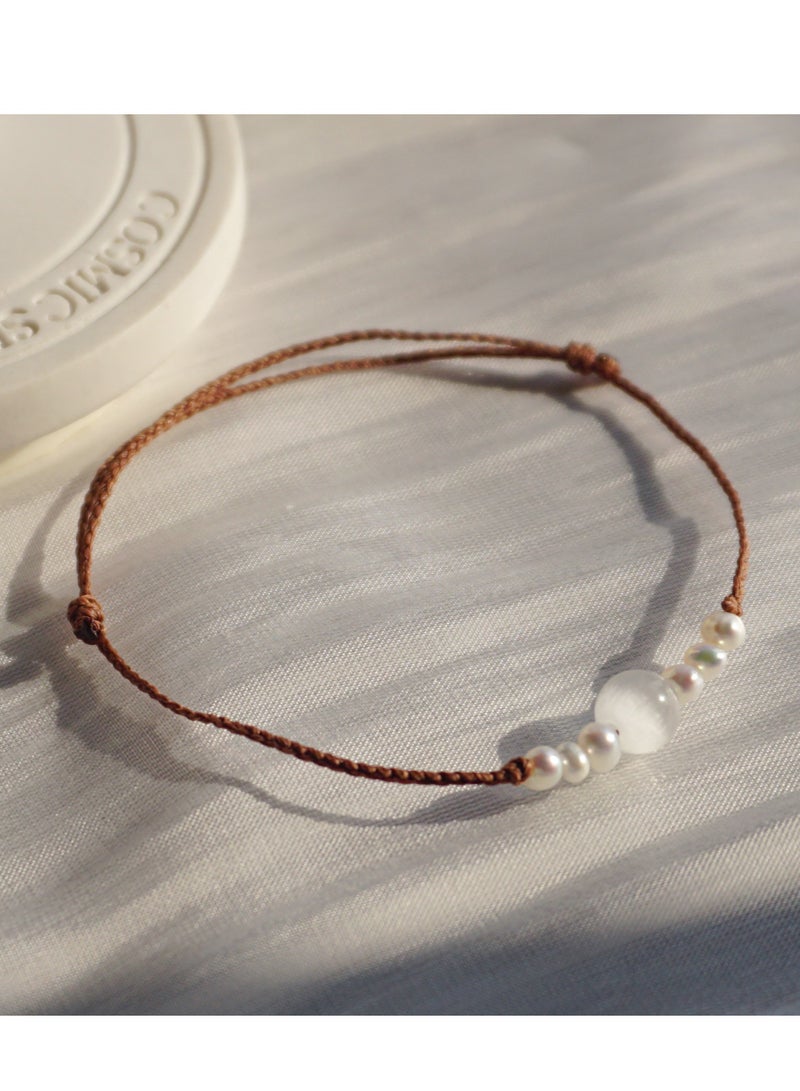 تصميم أصلي حجر عين القط الطبيعي، لؤلؤ، خيط شمع، سوار رفيع للغاية، يعني الثقة والصحة والسلام، سوار منسوج يدويًا، أبيض لؤلؤي - Image 3