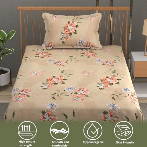 Fresh From Loom Hypoallergenic Floral Print Single Bed Bedsheet with 1 Pillow Covers - Microfiber, 240 TC (60 x 90 inch| Beige, Floral Design) - Image 2