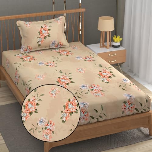 Fresh From Loom Hypoallergenic Floral Print Single Bed Bedsheet with 1 Pillow Covers - Microfiber, 240 TC (60 x 90 inch| Beige, Floral Design) - Image 1