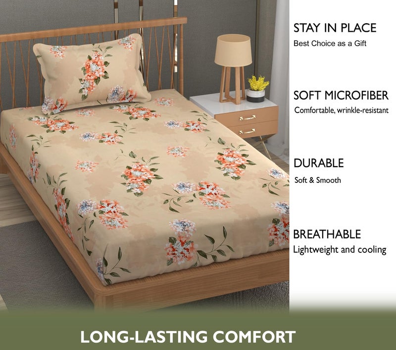 Fresh From Loom Hypoallergenic Floral Print Single Bed Bedsheet with 1 Pillow Covers - Microfiber, 240 TC (60 x 90 inch| Beige, Floral Design) - Image 5