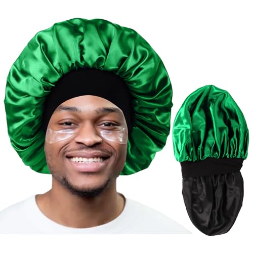 Himoswis Bonnet for Men,Hair Bonnet for Sleeping,Double Layer Satin Bonnets for Black Women Curly Hair Braids,Reversible Sleep Cap (Large,Black/Green) - Image 1