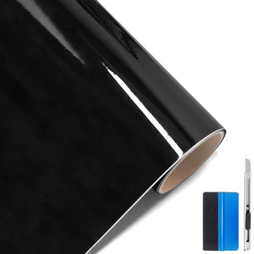 LZLRUN لفائف فينيل سوداء لامعة عالية من LZLRUN ذاتية اللصق مع تحرير الهواء من الفقاعات - مصنفة للاستخدام الخارجي في السيارات - 12" × 60" سكين + أداة يدوية (1 قدم × 5 أقدام) - Image 1