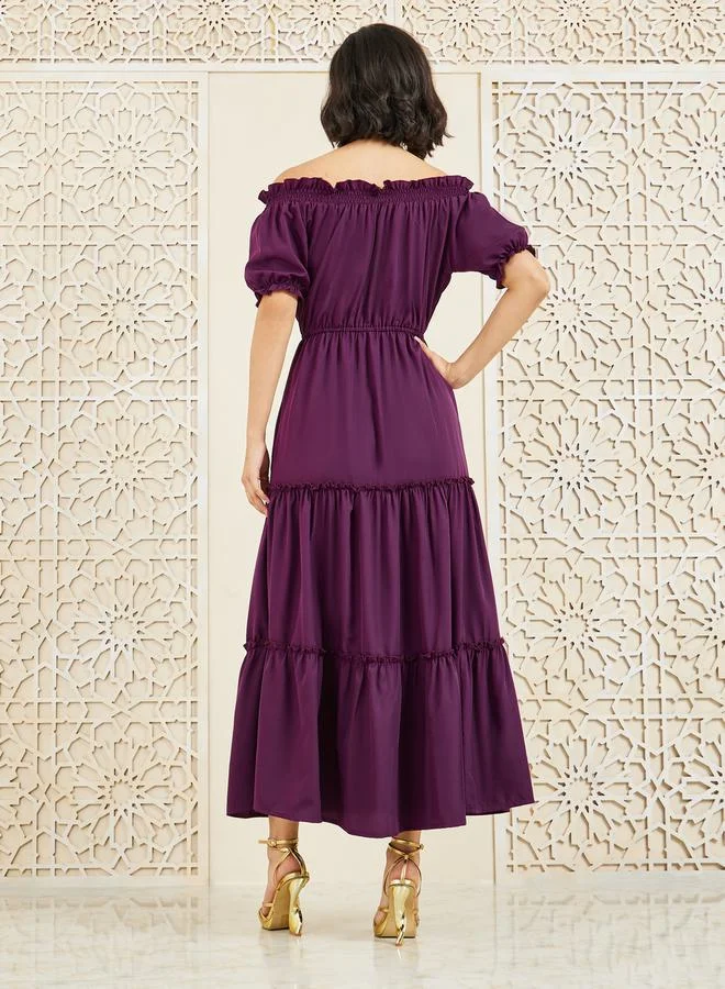 Styli Styli Off Shoulder Ruffle Detail Tiered Maxi Dress