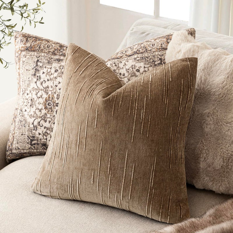 Foindtower Pack of 2 Slubby Textured Chenille Throw Decorative Pillow Covers Square Accent Solid Cushion Cover Cozy Neutral Farmhouse Pillow Case for Couch Sofa Bedroom Living Room 22x22 Inch,Brown - Image 5