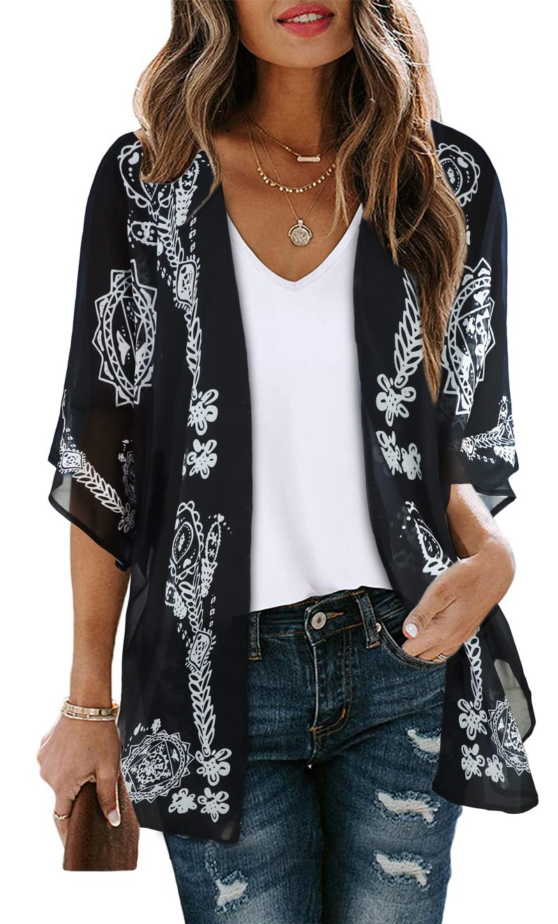 CHICGAL Summer Kimono Cardigan for Women Sheer Boho Tops Casual Open Front Swimwear Shirts Beach Cover ups (Caftan Black,L) - Image 1
