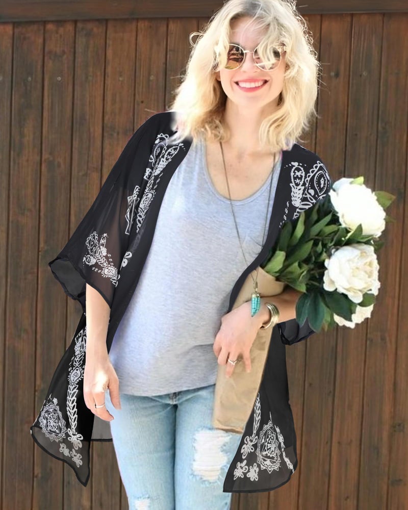 CHICGAL Summer Kimono Cardigan for Women Sheer Boho Tops Casual Open Front Swimwear Shirts Beach Cover ups (Caftan Black,L) - Image 2