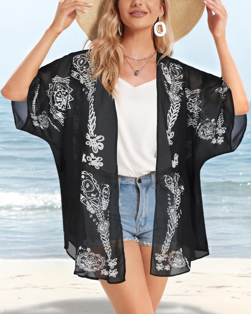 CHICGAL Summer Kimono Cardigan for Women Sheer Boho Tops Casual Open Front Swimwear Shirts Beach Cover ups (Caftan Black,L) - Image 4