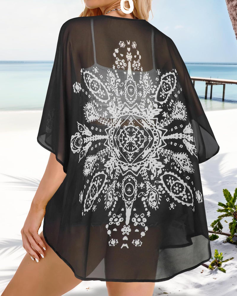 CHICGAL Summer Kimono Cardigan for Women Sheer Boho Tops Casual Open Front Swimwear Shirts Beach Cover ups (Caftan Black,L) - Image 5