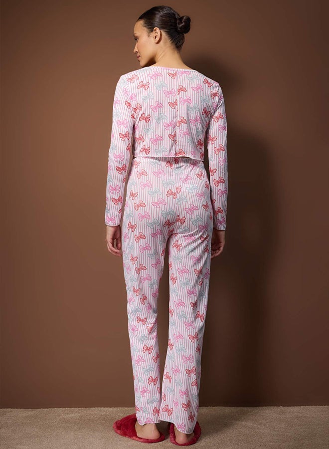 trendyol MultiColored Striped and Ribbon Bow Knitted Pajama Set - Image 4