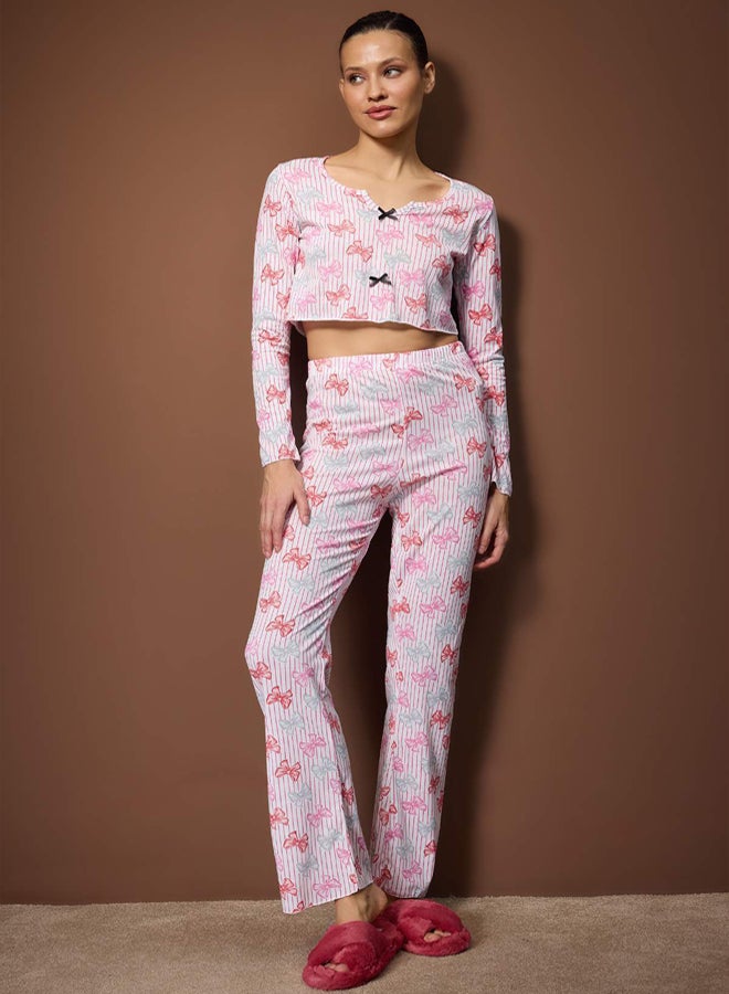 trendyol MultiColored Striped and Ribbon Bow Knitted Pajama Set - Image 2