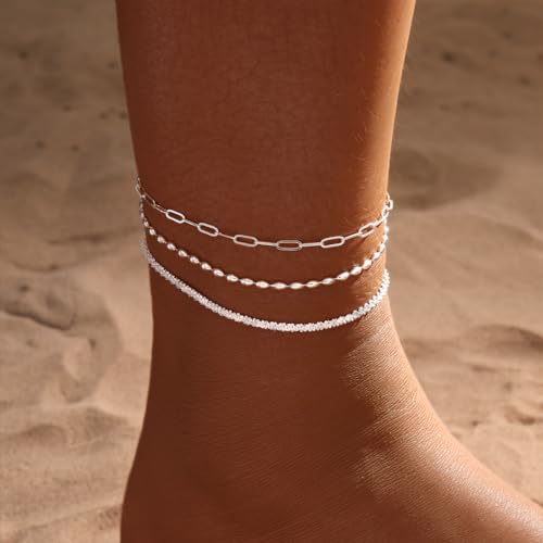 MIDEEO Gold/Silver Ankle Bracelets for Women,14K Gold Anklets for Women Waterproof Cuban Link Heart Beads Herringbone Rhinestone Anklets Set Layered Anklet Bracelets for Women Gold Jewelry Gift - Image 2
