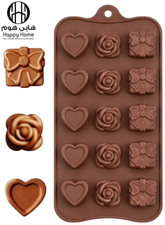 Happy Home Silicone Mold, 22 × 11 cm with 15 Cavities in Heart, Rose and Gift Designs, Flexible Reusable Mold for Chocolate, Candy, Jelly, Ice Cubes, Fudge, Frozen Yogurt, Cake Decorations, Cupcake Toppers, Birthday Treats and Party Desserts – Brown - Image 1