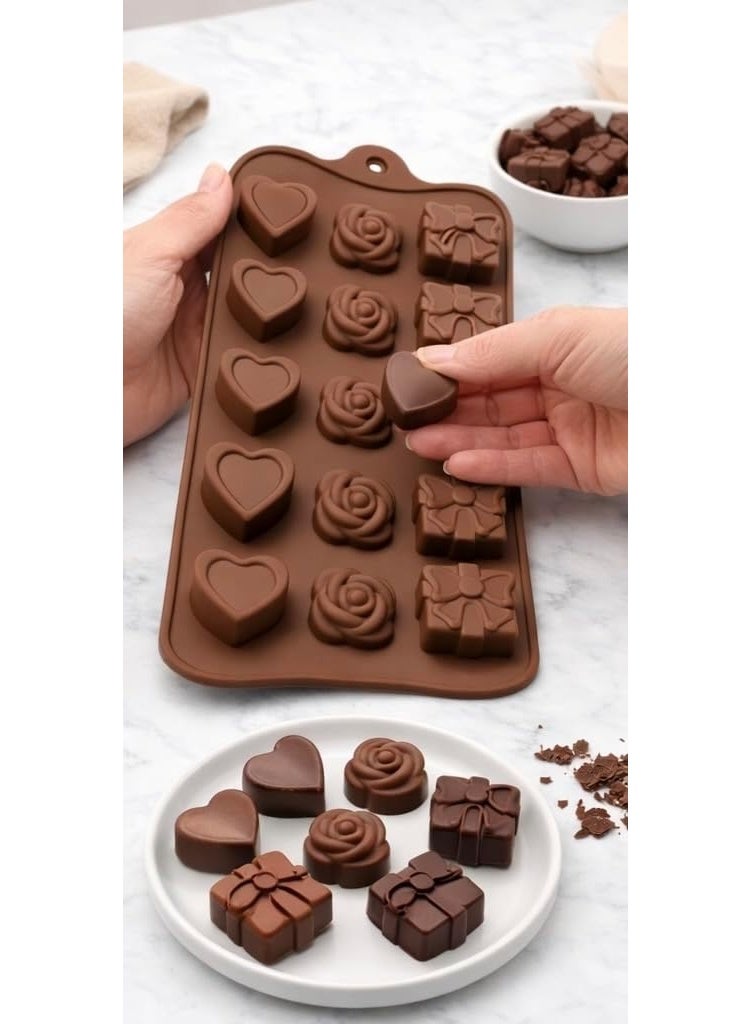 Happy Home Silicone Mold, 22 × 11 cm with 15 Cavities in Heart, Rose and Gift Designs, Flexible Reusable Mold for Chocolate, Candy, Jelly, Ice Cubes, Fudge, Frozen Yogurt, Cake Decorations, Cupcake Toppers, Birthday Treats and Party Desserts – Brown - Image 4