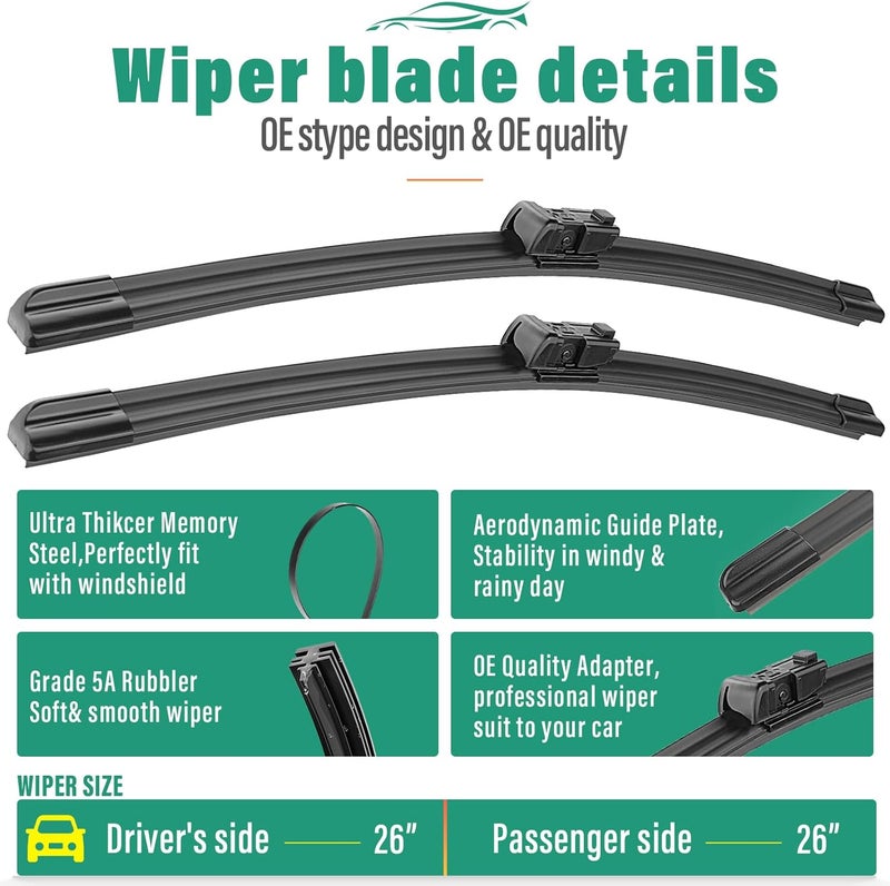 WINDSMILE 26" 26" 12" Windshield Wiper Blades Replacement for Chevrolet Chevy Bolt EV 2017 2018 2019 2020 2021 2022 2023 Premium All Weather Front Rear Wipers Set - OEM Quality (Pack of 3) - Image 4