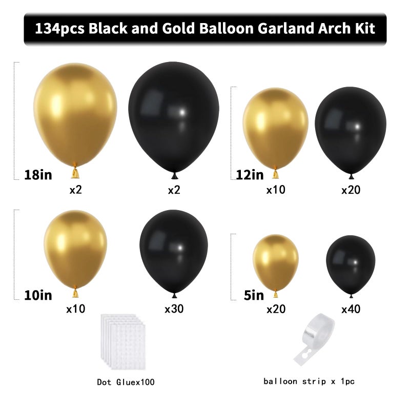 YMSZ Black and Gold Balloons Garland Arch Kit, 134pcs Black and Metallic Gold Balloons with Different Size for Graduation, 2024 New Year, Birthday, Anniversary Party Decorations Supplies - Image 2