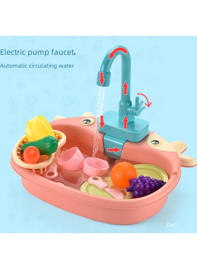 Fun Simulation Kitchen Sink Electric Vegetable Washing Basin Recirculating Water Hand Washing Station Children's Dishwasher Toy-Color:Simulation Dishwasher 19PCs-powder -6058-Specifications:Charging Kit - Image 4