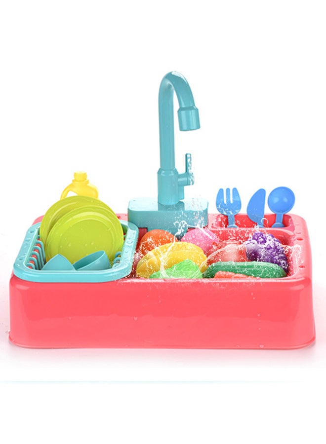 Fun Simulation Kitchen Sink Electric Vegetable Washing Basin Recirculating Water Hand Washing Station Children's Dishwasher Toy-Color:Simulation Dishwasher 19PCs-powder -6058-Specifications:Charging Kit - Image 1