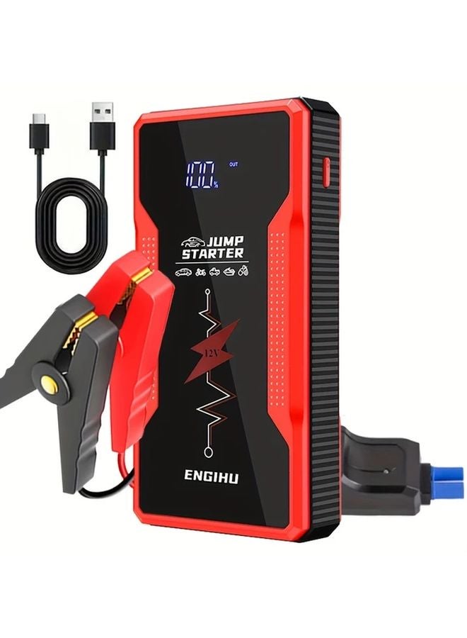 Red Portable Car Battery Jump Starter Power Bank LED Display Flashlight - Image 1