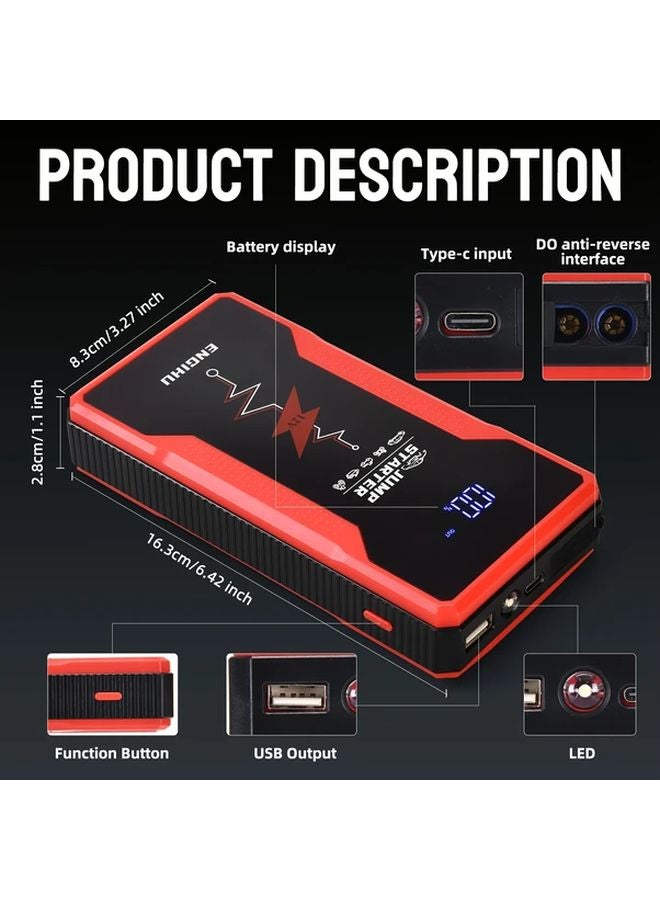 Red Portable Car Battery Jump Starter Power Bank LED Display Flashlight - Image 3