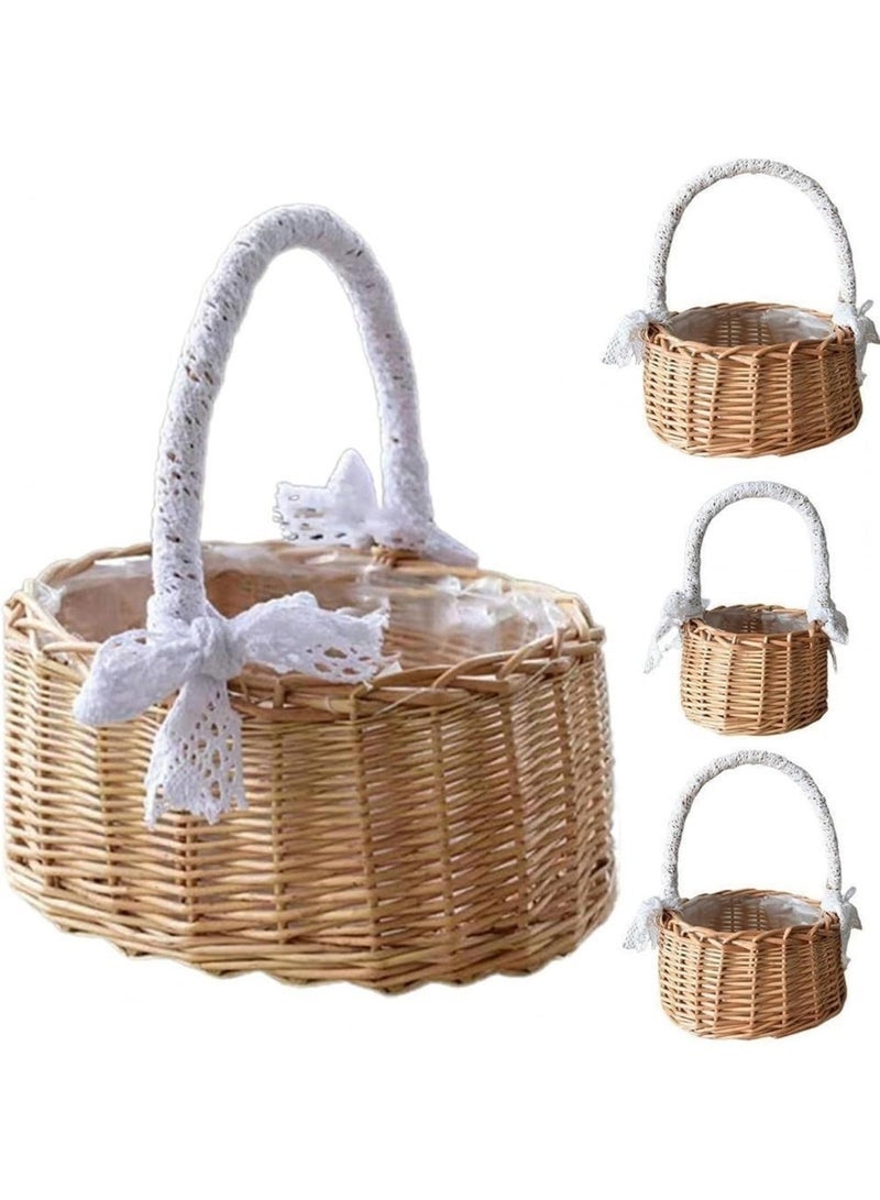 Arabest Natural Rattan Storage Basket with Handle Hand-woven Lace Bow Decoration, Wicker Flower Pot Picnic Baskets Wedding Girl Flower Basket(18*18*24cm) - Image 5