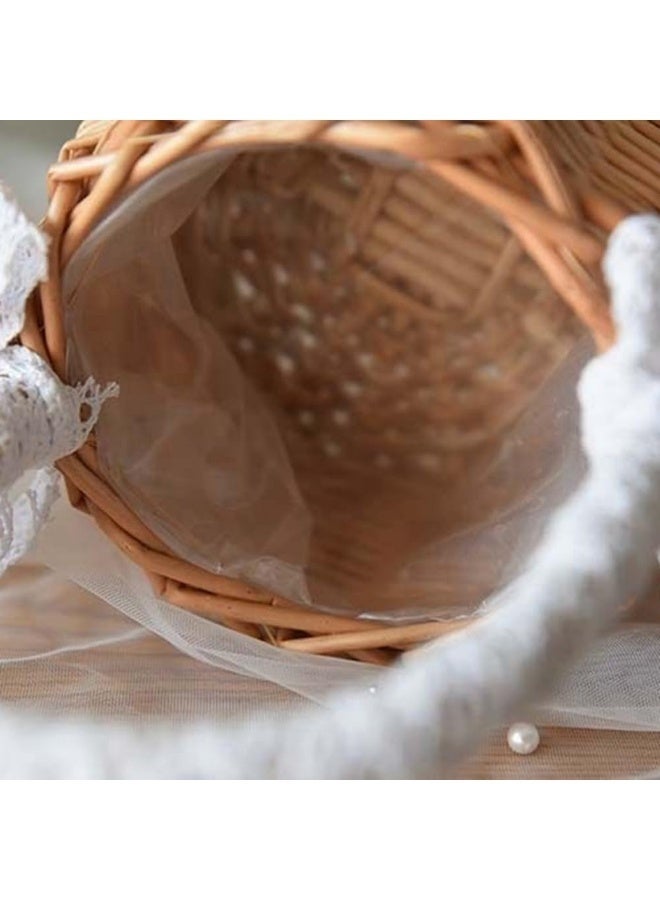 Arabest Natural Rattan Storage Basket with Handle Hand-woven Lace Bow Decoration, Wicker Flower Pot Picnic Baskets Wedding Girl Flower Basket(18*18*24cm) - Image 3
