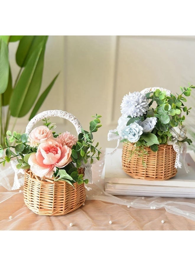 Arabest Natural Rattan Storage Basket with Handle Hand-woven Lace Bow Decoration, Wicker Flower Pot Picnic Baskets Wedding Girl Flower Basket(18*18*24cm) - Image 2
