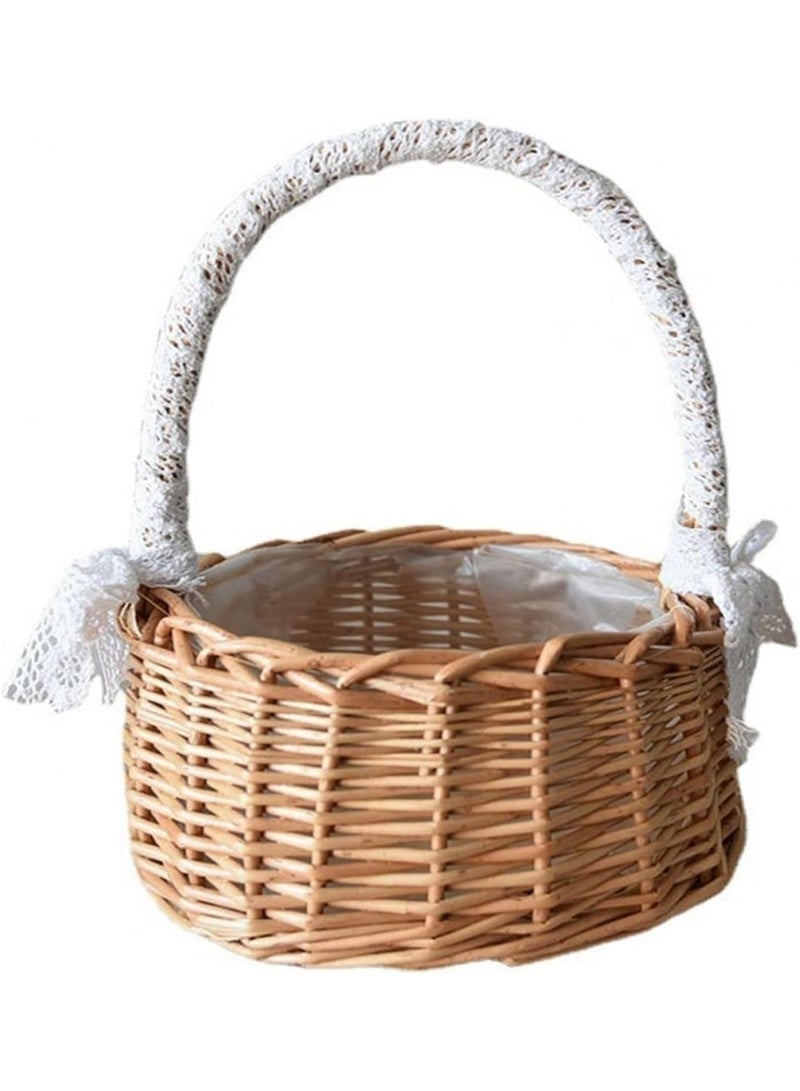 Arabest Natural Rattan Storage Basket with Handle Hand-woven Lace Bow Decoration, Wicker Flower Pot Picnic Baskets Wedding Girl Flower Basket(18*18*24cm) - Image 1