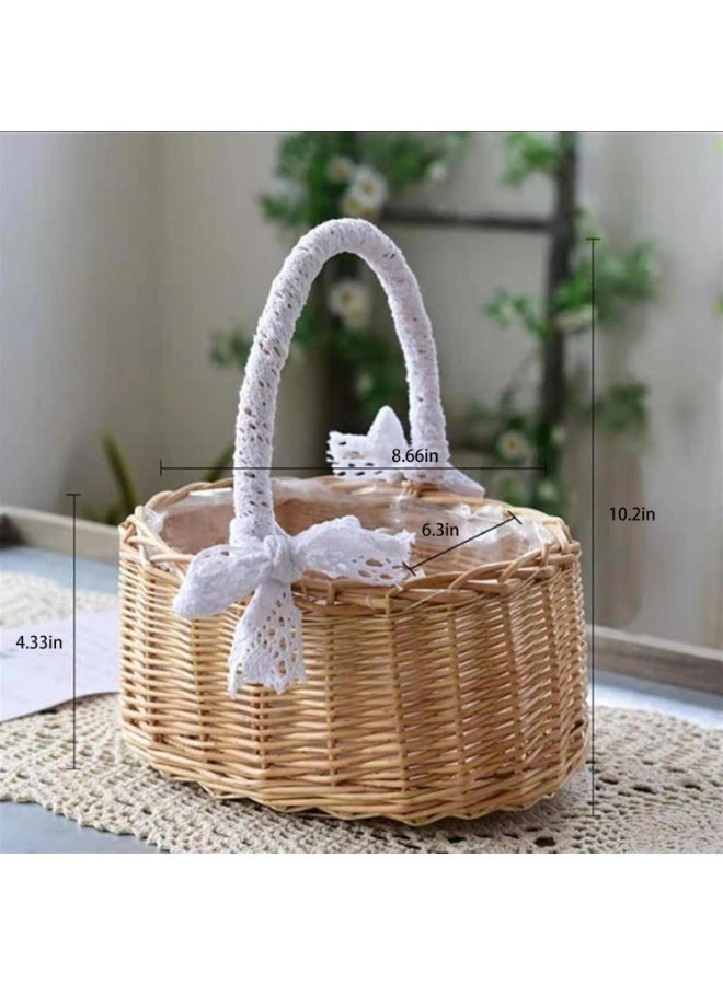 Arabest Natural Rattan Storage Basket with Handle Hand-woven Lace Bow Decoration, Wicker Flower Pot Picnic Baskets Wedding Girl Flower Basket(18*18*24cm) - Image 4