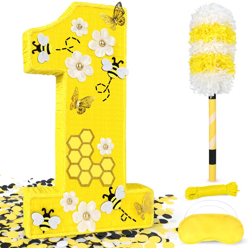 Pardecor 25 Large Number 1 Pinata Includes 24 Bat Stick Eye Mask Rope Queen Bee Pinatas with Butterfly Daisy Bumblebee Themed Party Supplies and Decorations Kids First Birthday Party Dcor - Image 3