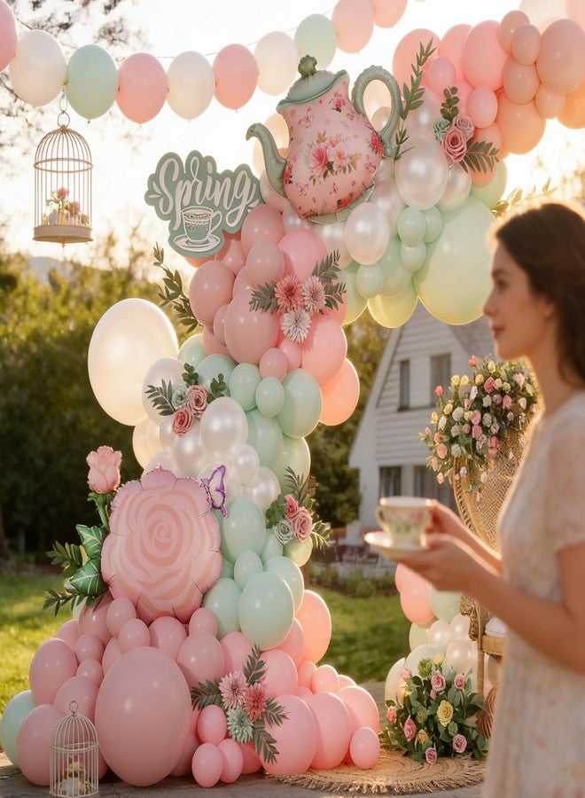 GIHOO Spring Tea Party Decorations 139pcs Pastel Spring Floral Balloon Garland Arch Kit with Pink Green Teapot and Floral Mylar Balloon for Let's Par-Tea Birthday Spring Garden Mothers Day Tea Party Decor - Image 4