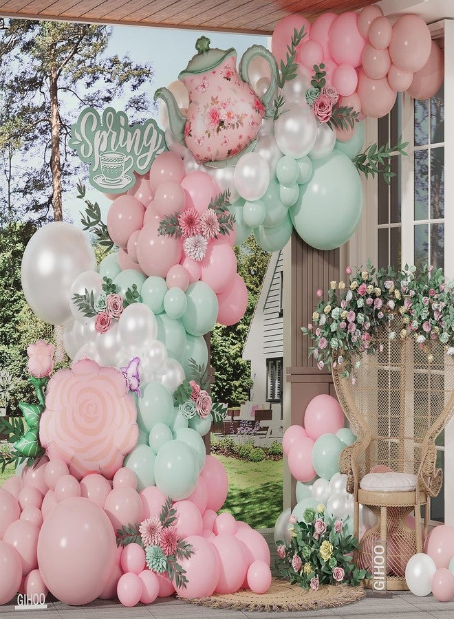 GIHOO Spring Tea Party Decorations 139pcs Pastel Spring Floral Balloon Garland Arch Kit with Pink Green Teapot and Floral Mylar Balloon for Let's Par-Tea Birthday Spring Garden Mothers Day Tea Party Decor - Image 1