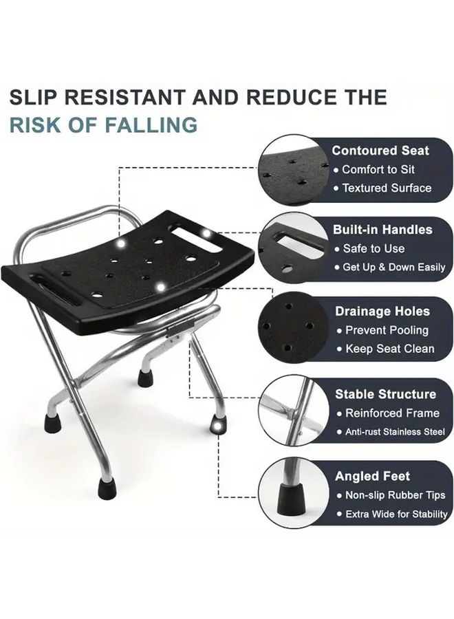 1pc 350 Pound Capacity Stainless Steel Folding Shower Chair Safety Anti Slip Bath Seat For Seniors Disabled Black - Image 3