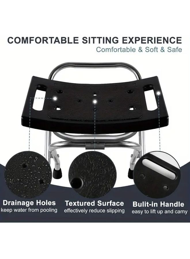 1pc 350 Pound Capacity Stainless Steel Folding Shower Chair Safety Anti Slip Bath Seat For Seniors Disabled Black - Image 4