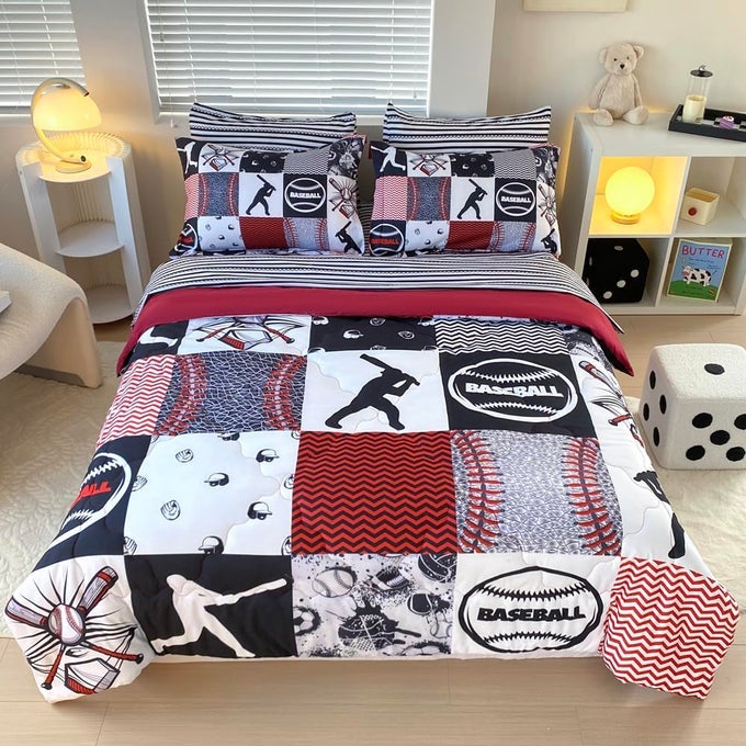 7 PIECE BASEBALL COMFORTER SET BED IN A BAG FULL SIZE 3D SOFTBALL SPORTS BEDDING SET FOR BOYS KIDS MICROFIBER COMFORTER ALL SEASON 1 COMFORTER 1 FLAT SHEET 1 FITTED SHEET 4 PILLOWCASE