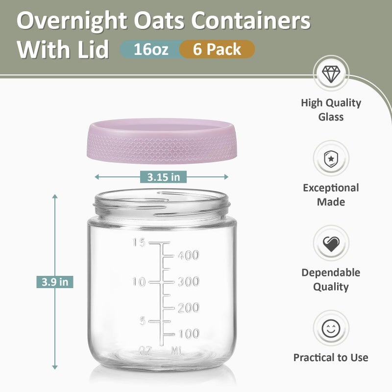 POIKSHARK 6-Pack Overnight Oats Containers with Lids, 16 OZ Wide Mouth Glass Jars with Airtight Lids, Mason Jars Glass Food Containers for Snack Spice Sugar Food Prep Yogurt - Image 2