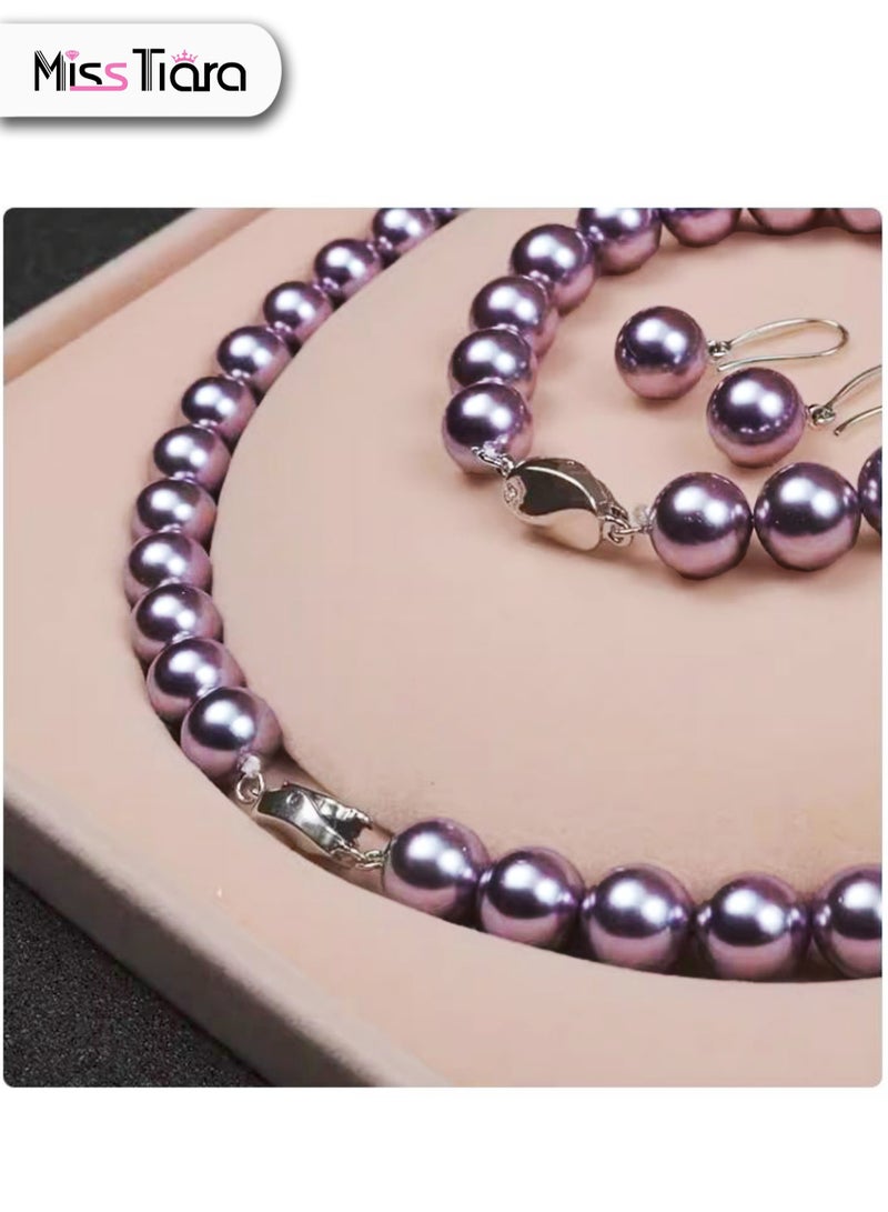 MissTiara طقم مكون من ثلاث قطع من حبات اللؤلؤ الأرجوانية المستديرة مقاس 10 مم وقلادة وخاتم وأقراط للنساء، فكرة رائعة للهدايا لأحبائك - Image 2
