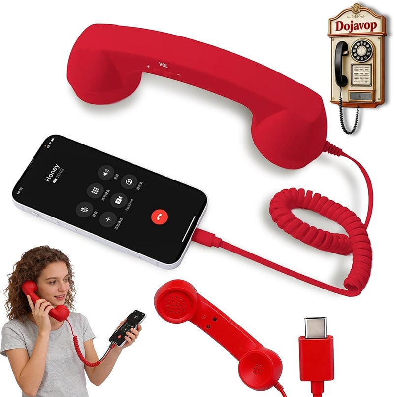 Dojavop Retro Phone Handset Home Decor Aesthetic for iPhone Landline Rotary Phone for Home Pop Corded Telephone Handset for Cell Phones Connect to House Old School Vintage Telephone Receiver (Red) - Image 1