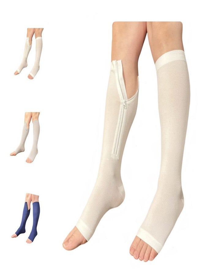 Ziperior جوارب ضاغطة مفتوحة الأصابع من زيبيريور بضغط 15-20 مم زئبق، باللون الأبيض والكحلي والرمادي، مع سحاب داخلي للساق (أبيض، مقاس كبير - كبير جدًا) - Image 1